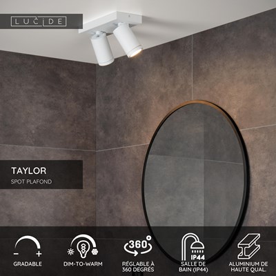 Lucide TAYLOR - Spot plafond Salle de bains - LED Dim to warm - GU10 - 2x5W 2200K/3000K - IP44 - Blanc